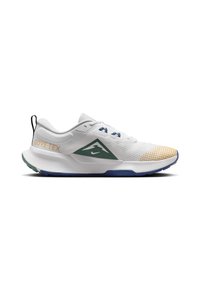 Chaussure de sport basse blanche avec logo triangulaire vert, texte jaune "GORE-TEX" au talon, accents bleus sur la semelle et les lacets, et motif jaune sur l'avant.