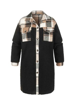 Chemise en polaire noire à boutons avec des accents en tartan beige et marron, dotée de deux poches avant et d'un col classique.