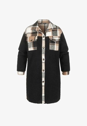 Black fleece button-up shirt with plaid accents in beige and brown, featuring two front pockets and a classic collar design.