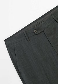 Tailored dark gray trousers made from a smooth fabric. Features a flat front, subtle texture, side pockets, and a single button closure.