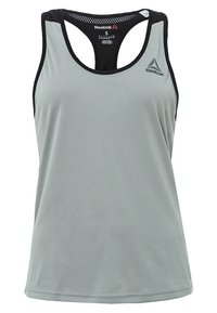 Débardeur de sport gris avec des accents noirs, sans manches, texture lisse, logo Reebok sur le devant et étiquette indiquant la taille S.