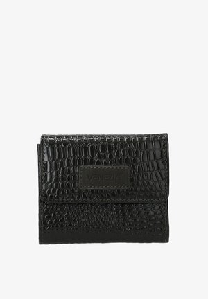 Schwarzes Kunstlederportemonnaie mit Krokodilprägung, ausgestattet mit einem Klappenverschluss und einer Markenplakette mit der Aufschrift "VENEZIA" auf der Vorderseite.