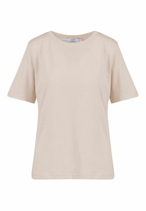 Beżowa bawełniana koszulka z krótkim rękawem, okrągłym dekoltem oraz małą widoczną metką marki wewnątrz kołnierzyka.