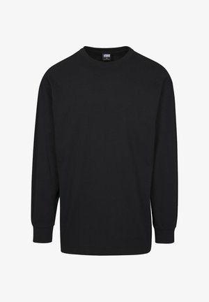 Svart langermet t-skjorte laget av bomull, med rund hals og elastiske mansjetter. Glatt tekstur uten synlige mønstre eller detaljer.