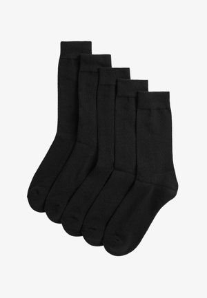 Lot de cinq paires de chaussettes noires en coton, avec bords côtelés et orteils renforcés, présentant une texture lisse et un design uniforme.