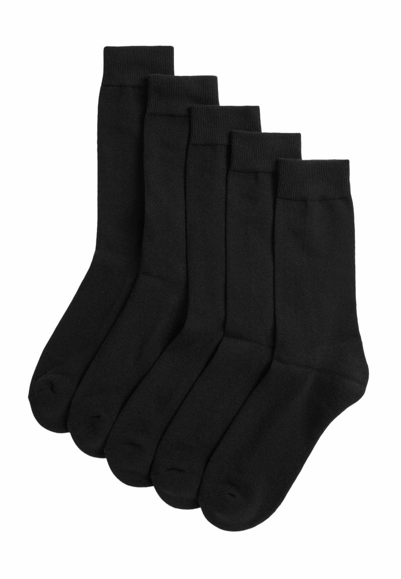 Set di cinque calzini neri in cotone, con polsini a coste e punte rinforzate, dalla texture liscia e design uniforme.