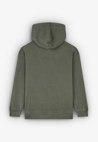 Bluza z kapturem w oliwkowym kolorze, charakteryzująca się miękką strukturą, ściągaczami przy mankietach i u dołu, minimalistycznym designem oraz brakiem widocznych logotypów i wzorów.