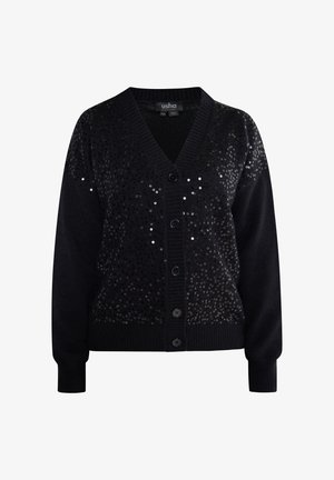 Czarny kardigan z dekoltem w serek, zdobiony cekinowym wzorem z przodu oraz czarnymi guzikami. Dzianina z ribbami przy mankietach.
