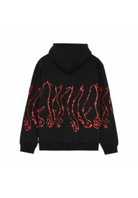 Felpa nera con cappuccio con un disegno astratto rosso sulla schiena. Materiale morbido con polsini e orlo a coste.