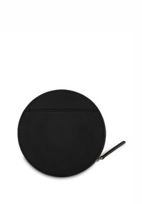 Portafoglio rotondo in pelle nera con superficie liscia, chiusura zip e una fessura per carte sul retro. Design minimalista, senza motivi o accenti visibili.