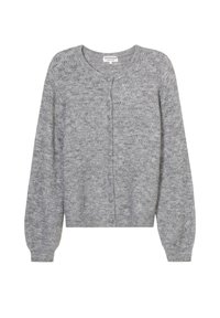 Grauer gestrickter Cardigan mit strukturiertem Muster, runder Ausschnitt und Knopfverschluss. Mit langen Ärmeln sowie gerippten Bündchen und Saum.