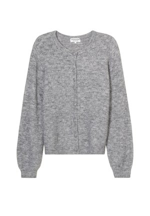 Cárdigan gris de punto con un patrón texturizado, cuello redondo y cierre de botones. Presenta mangas largas y puños y dobladillo acanalados.
