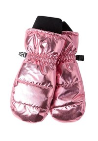 Mittens metallizzati rosa isolati con polsini elasticizzati, dotati di rivestimento in fleece nero. Il design include sezioni trapuntate per una protezione termica.