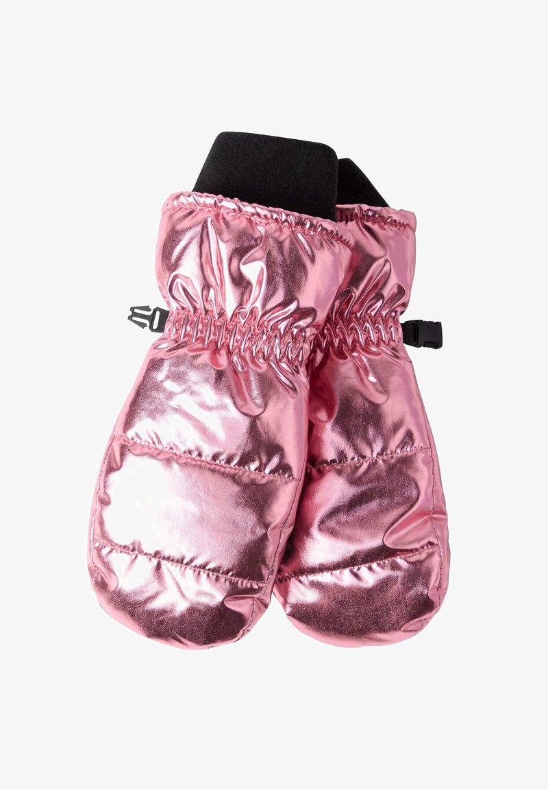 Mittens metallizzati rosa isolati con polsini elasticizzati, dotati di rivestimento in fleece nero. Il design include sezioni trapuntate per una protezione termica.