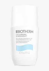 Roll-on deodorant i hvid, buet plastflaske. Indeholder grå tekst og et blåt bølgemønster. Kapacitet er 75 ml.