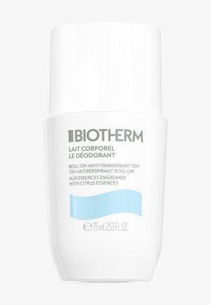 Desodorante roll-on con un envase de plástico blanco y curvo. Presenta texto en color gris y un diseño de onda azul. Capacidad de 75 ml.