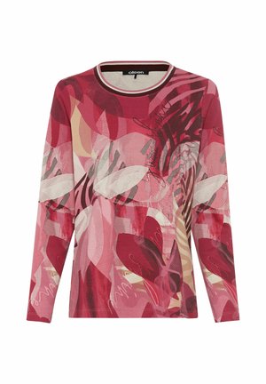 Top met lange mouwen met een meerkleurig bloemenpatroon in tinten rood, roze en beige. Het heeft een ronde hals met een contrasterende rand.