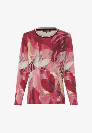 Top met lange mouwen met een meerkleurig bloemenpatroon in tinten rood, roze en beige. Het heeft een ronde hals met een contrasterende rand.