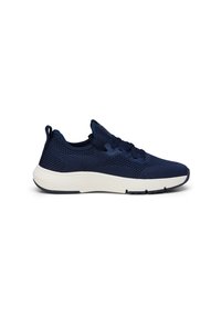 Sneaker in tessuto lavorato a maglia blu scuro con suola spessa bianca, allacciatura frontale e asola sul tallone, mostrata di profilo.