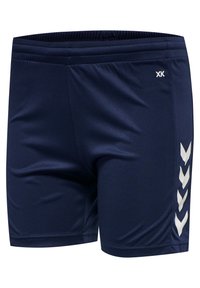 Marina atletiska shorts tillverkade av fukttransporterande tyg, med en slät textur och kontrasterande vita v-formade ränder på sidan.