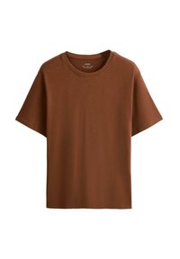 Brown short-sleeve crew neck cotton t-shirt with regular fit and minimal detailing, displayed on a plain white background.