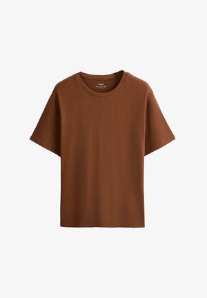 Tricou maro din bumbac, cu mâneci scurte și gât rotund, croială obișnuită și detalii minimale, prezentat pe un fundal alb simplu.