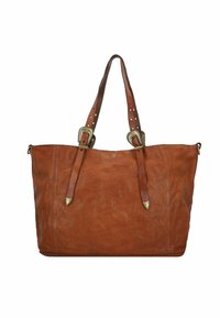 Borsa a tote in pelle marrone con due manici lunghi, caratterizzata da accenti metallici e una superficie morbida e testurizzata. Include dettagli di cucitura visibili.