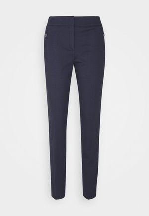 Marineblaue Slim-Fit-Hose mit Frontreißverschluss, seitlichen Taschen mit Reißverschluss und flachem Bund.