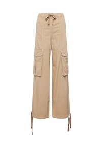 Beige Cargo-Hosen mit weitem Bein, verstellbarem Kordelzugbund und zwei vorderen Taschen. Hergestellt aus einem weichen, langlebigen Stoff.