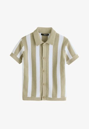 Lühikeste varrukatega beežide ja valgete vertikaalsete triipudega kootud kardigan kraega ja viie esiküljel oleva nupuga.