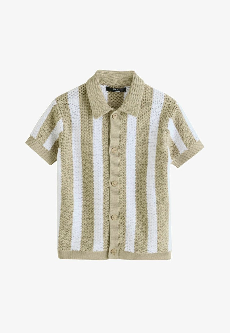 Beigefarbene und weiße, vertikal gestreifte Strickjacke mit kurzen Ärmeln, Kragen und fünf Vorderknöpfen.