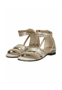Metallic silberne Sandalen mit dekorativer Perlenverzierung und Riemen. Sie verfügen über einen flachen Absatz, ein offenes Design und einen Knöchelriemen mit Verzierungen.