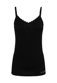 Top in satin nero con spalline sottili, bordo in pizzo al collo e un design aderente. Il tessuto è morbido con una leggera lucentezza.
