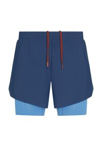 Pantaloni sportivi blu con un design a strati; il strato esterno è in tessuto blu scuro con un cordoncino, il strato interno è in tessuto blu chiaro.