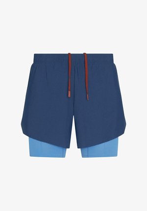 Modre športne kratke hlače z večplastnim dizajnom; zunanja plast je temno modra tkanina z vrvico, notranja plast je svetlo modra tkanina.