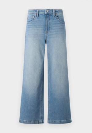 Light blue denim wide-leg jeans with a high waist, five-pocket design, visible stitching, and a button closure at the front.