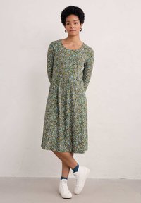 Seasalt Womens Midi Dress Burgundy Leaves Cotton Strokes Jersey ¾