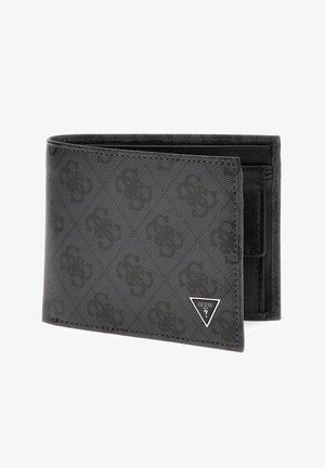 Black wallet made of textured synthetic material, featuring a subtle embossed pattern and a small silver triangle logo on the front.