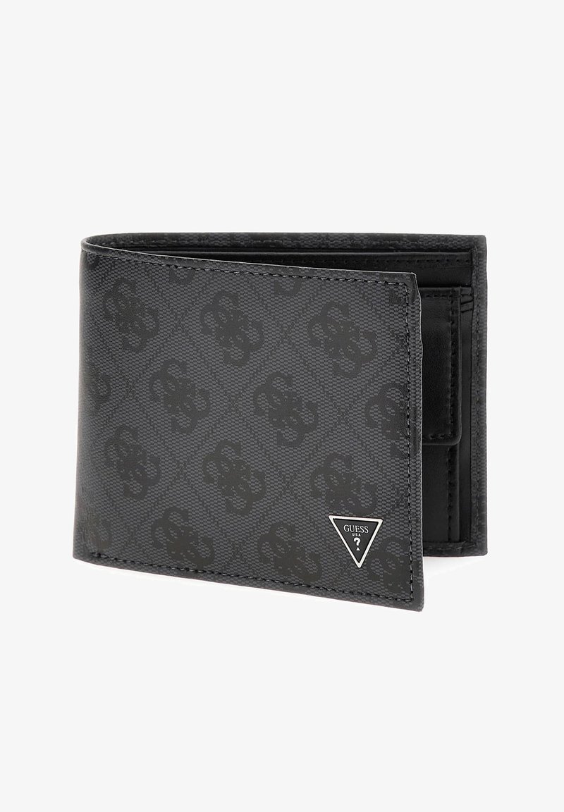 Portafoglio nero realizzato in materiale sintetico testurizzato, con un sottile motivo in rilievo e un piccolo logo triangolare argentato sul davanti.