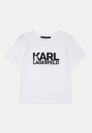 Witte T-shirt met korte mouwen van katoen, met een grote zwarte print van "KARL LAGERFELD" en een silhouetontwerp aan de linkerkant.