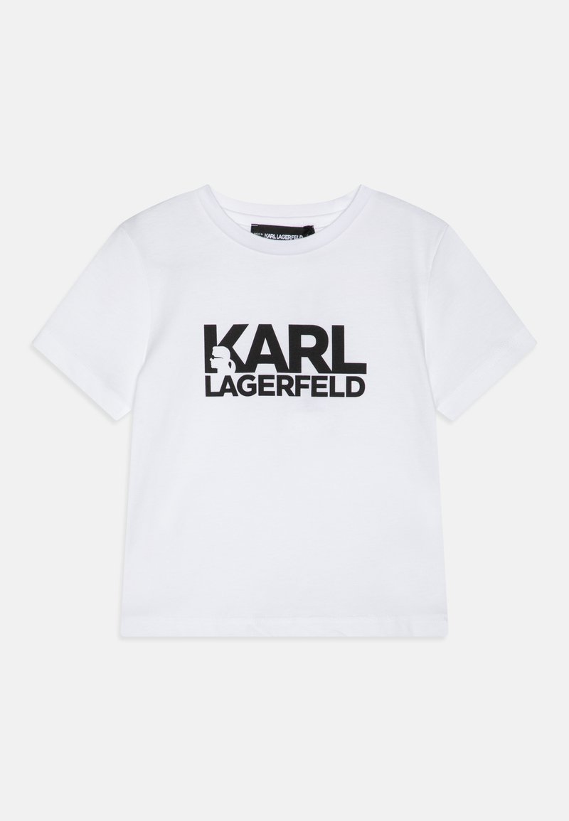 Bílé tričko s krátkým rukávem vyrobené z bavlny, s velkým černým potiskem "KARL LAGERFELD" a siluetovým designem na levé straně.