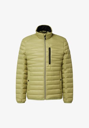 Giacca imbottita verde oliva chiaro con chiusura a zip, cuciture orizzontali, tasca sul petto e polsini elastici. Materiale liscio e resistente all'acqua.