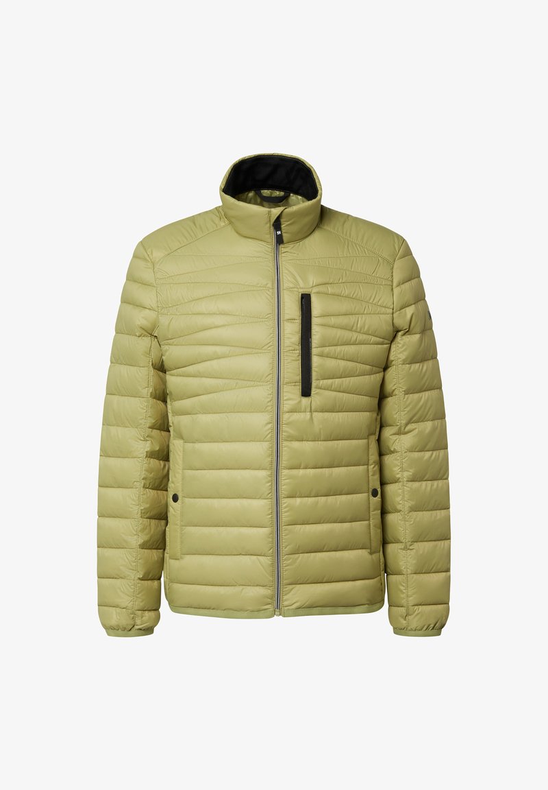 Chaqueta aislante verde oliva claro con cierre de cremallera, costuras horizontales, un bolsillo en el pecho y puños elásticos. Material liso y resistente al agua.