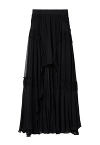 Μαύρη μακριά φούστα ψηλόμεση με λεπτομέρειες βολάν, διάφανο εξώστρωμα και ελαφρώς φαρδύ τελείωμα.