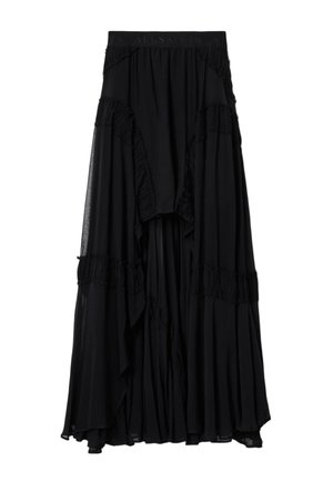 Μαύρη μακριά φούστα ψηλόμεση με λεπτομέρειες βολάν, διάφανο εξώστρωμα και ελαφρώς φαρδύ τελείωμα.