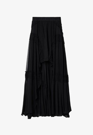 Gonna lunga nera a vita alta con dettagli a balze, sovrapposizione trasparente e orlo leggermente svasato.