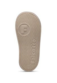 Semelle de chaussure en caoutchouc avec un motif en chevrons, comportant un logo "F" circulaire et le mot "Falcotto" en relief. Couleur : beige.