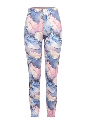 Elastse paelärgiga legginsid, millel on akvarellmuster sinise ja roosa varjundites, kuldse marmoreeringuga aktsentiga.