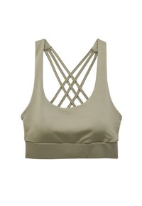 Oliven grøn sports-bh lavet af et blødt, strækbart stof. Har en bred kant nederst og et crisscross-design bagpå.