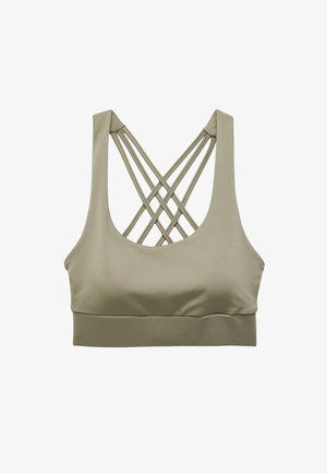 Oliivinvihreä urheiluliivi, jossa on pehmeä ja joustava kangas. Ominaisuuksiin kuuluu leveä nauha alaosassa ja ristikkäinen selkädesign.